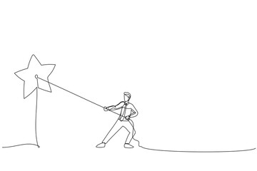 Illustration of Businessman pulling the star. Working Achievement metaphor. One line style art