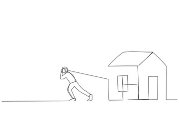 Drawing of man pulled heavy houses. Single continuous line art