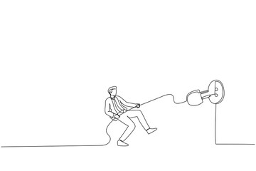 Illustration of man pulling electric cord to unplug to save money or for ecology power. One line art style