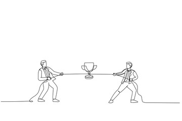 Cartoon of rivals pulling a rope, tug of war, fighting for the prize. Single continuous line art style