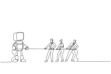 Drawing of teamwork pulling rope against robot with artificial intelligence. AI technology competition metaphor. Single line art style