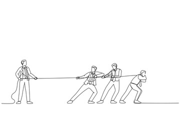 Cartoon of Business team pulling rope against successful businessman. Single continuous line art style