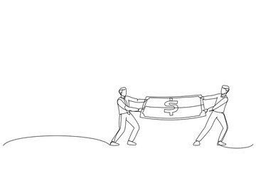 Illustration of businessman and business woman fights over money. One line art style