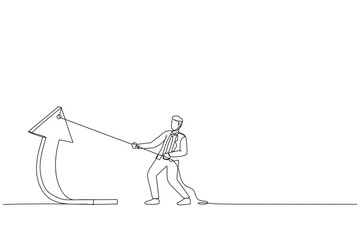 Drawing of businessman pulls a big arrow up the rope. raise income concept. Single line art style