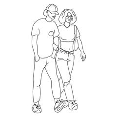Fototapeta na wymiar Romantic couple walking together. Man and woman on a casual date. Quality time together. Vector illustration in simple linear style. 