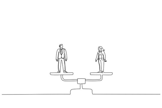 Drawing of business man and woman standing on balance scales. Gender equality metaphor. Single line art style