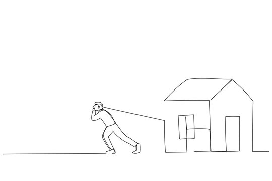 recommend clip art: Drawing of man pulled heavy houses. Single continuous line art