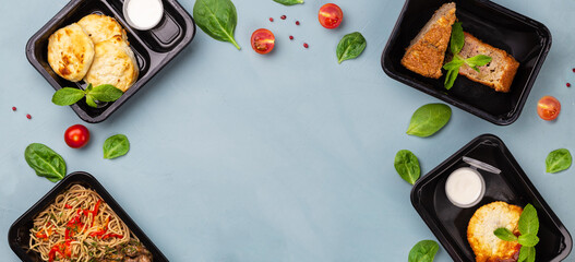 Delivery of healthy food in takeaway restaurants for daily meals on a white background
