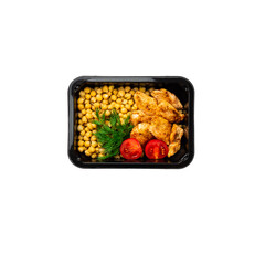 baked chickpeas with chicken pieces in a plastic container. food delivery, on a white background