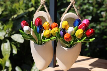 Traditional Dutch wooden shoes with bright coloured wooden tulips in them as a souvenir from...