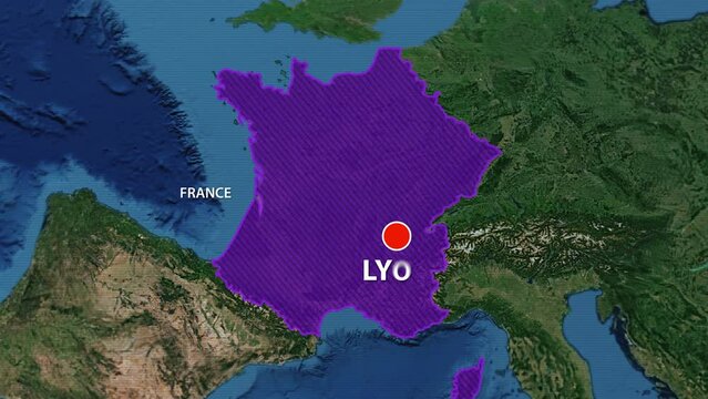 Designation of the borders of France on the map and the mark of the location of the city of Lyon