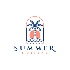 Vector logo design template with palm tree. abstract summer and vacation badge and emblem for holiday rentals in trendy linear style