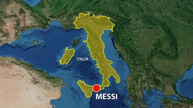 Designation of the borders of Italia on the map and the mark of the location of the city of Messina