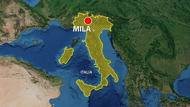Designation of the borders of Italia on the map and the mark of the location of the city of Milano