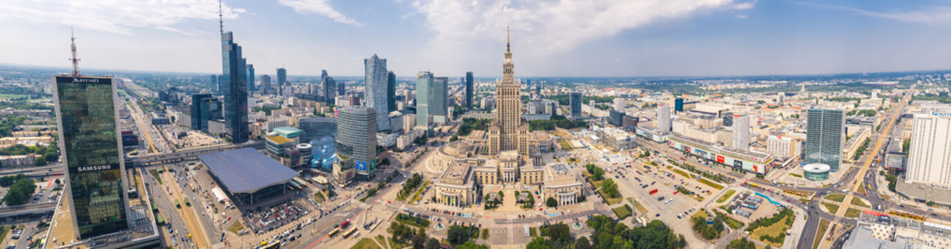 7.22.2022 Warsaw, Poland. Full long panoramic shot of downtown Warsaw. Various famous skyscrapers. Palace of Culture and Science, Varso Tower, Centrum LIM. High quality photo