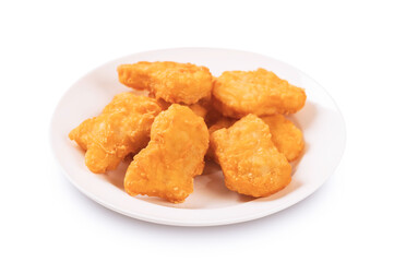 Chicken nuggets on plate on white background.
