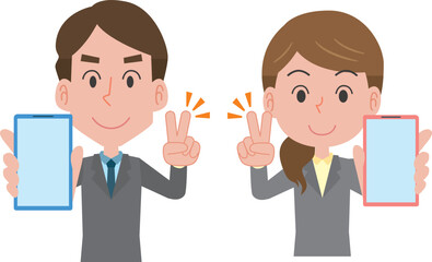 スマホを持ってvサインをする男女