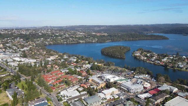 Aerial drone view of South Creek and Narrabeen Lagoon at Narrabeen on the Northern Beaches of Sydney, NSW, Australia on a sunny day 