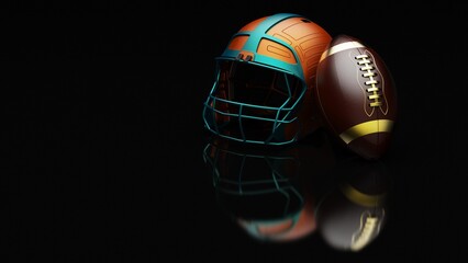 American football Orange-Green Red helmet and Brown-Black Ball under foggy black laser lighting. 3D illustration. 3D CG. 3D high quality rendering.
