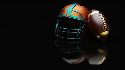 American football Orange-Green Red helmet and Brown-Black Ball under foggy black laser lighting. 3D illustration. 3D CG. 3D high quality rendering.