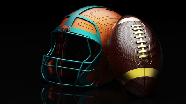 American football Orange-Green Red helmet and Brown-Black Ball under foggy black laser lighting. 3D illustration. 3D CG. 3D high quality rendering.