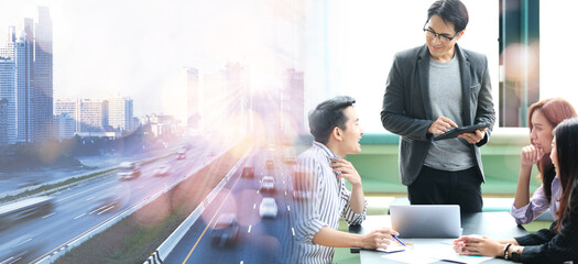 Businessman with world logistics  background or transportation Industry or shipping business