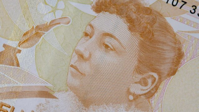 Women's rights activist and humanitarian Fatma Aliye Topuz on 50 turkish lira TRY banknote. Official currency of Republic of Turkey, paper bill