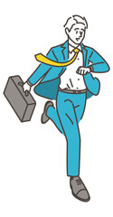 Male business person at work running while looking at his watch [Vector illustration].