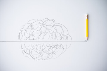 Pencil draw straight line break through confuse zone on white background. Breaking through obstacle to new idea, imagination, innovation and problem solving in business, financial or education concept - obrazy, fototapety, plakaty