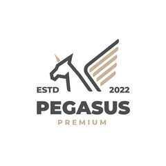 Simple line art logo of a Pegasus horse with golden wings and horns