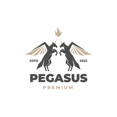 Twin black Pegasus horse illustration logo with elegant abstract fire