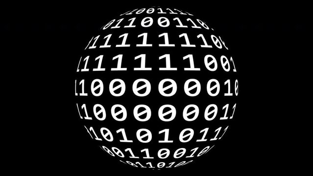 Loopable: Sharp white binary digital code on spherical surface abstract background with randomly changing zeros and ones isolated on black.