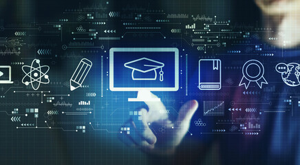 E-learning concept with young man touching a digital screen at night