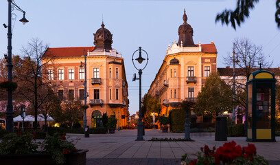 Impressive architecture of Debrecen streets at sunset, Hungary