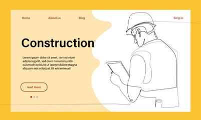 Vector landing page of architecture works with protective face masks for safety in machine industrial factory. Continuous one line drawing for your minimal design