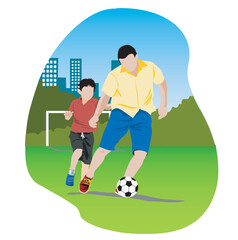 happy dad and son playing soccer in the city park on holiday