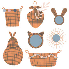 Wicker furniture for children's room in boho style. Vector illustration