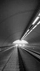 Black and white subway escalators in deep perspective