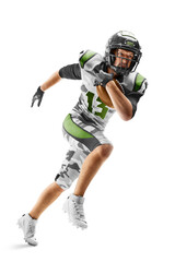 American football sportsman in action and motion. Sport. Running athlete. Isolated on white background. Sportsman in action