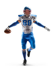 Awareness. Sports emotions. Jumping American football player. Isolated on white background