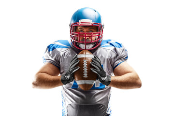 Sport closeup. Young american football player holding the ball in his hands. American football