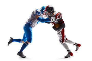 Fototapeta na wymiar Sports action. Fight of two American football players. Sports emotions. Isolated on white background