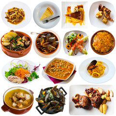 Set of various tasty dishes of Spanish cuisine isolated on white background