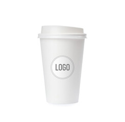 Takeaway paper coffee cup with logo on white background