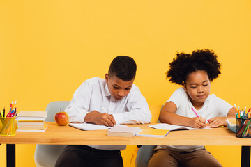 Happy african american schoolgirl and mixed race schoolboy sitting together at desk and studying on...