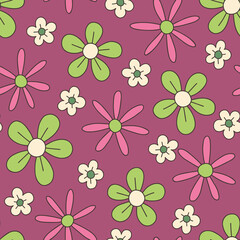 Colorful Pink and Green Large Scale Hand-Drawn Floral Vector Seamless Pattern. Retro 70s Style Nostalgic Fashion Textile Bold Background. Summer Resort Print. Daisies. Flower Power