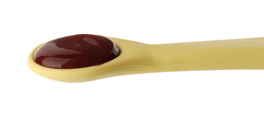 Healthy baby food in spoon isolated on white