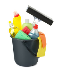 Fototapeta na wymiar Black plastic bucket with different cleaning products isolated on white