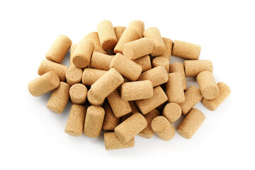 Heap of wine bottle corks isolated on white, top view
