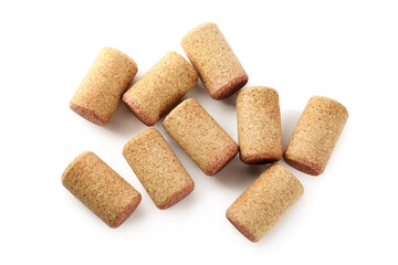 Set of wine bottle corks isolated on white, top view